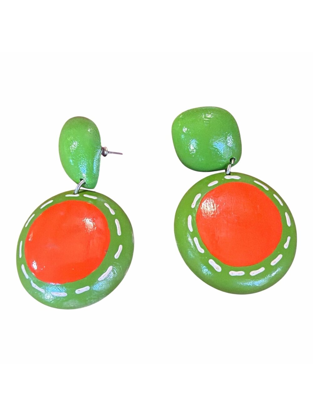 Handmade Green Orange Dangle Earrings from 1960’s wood